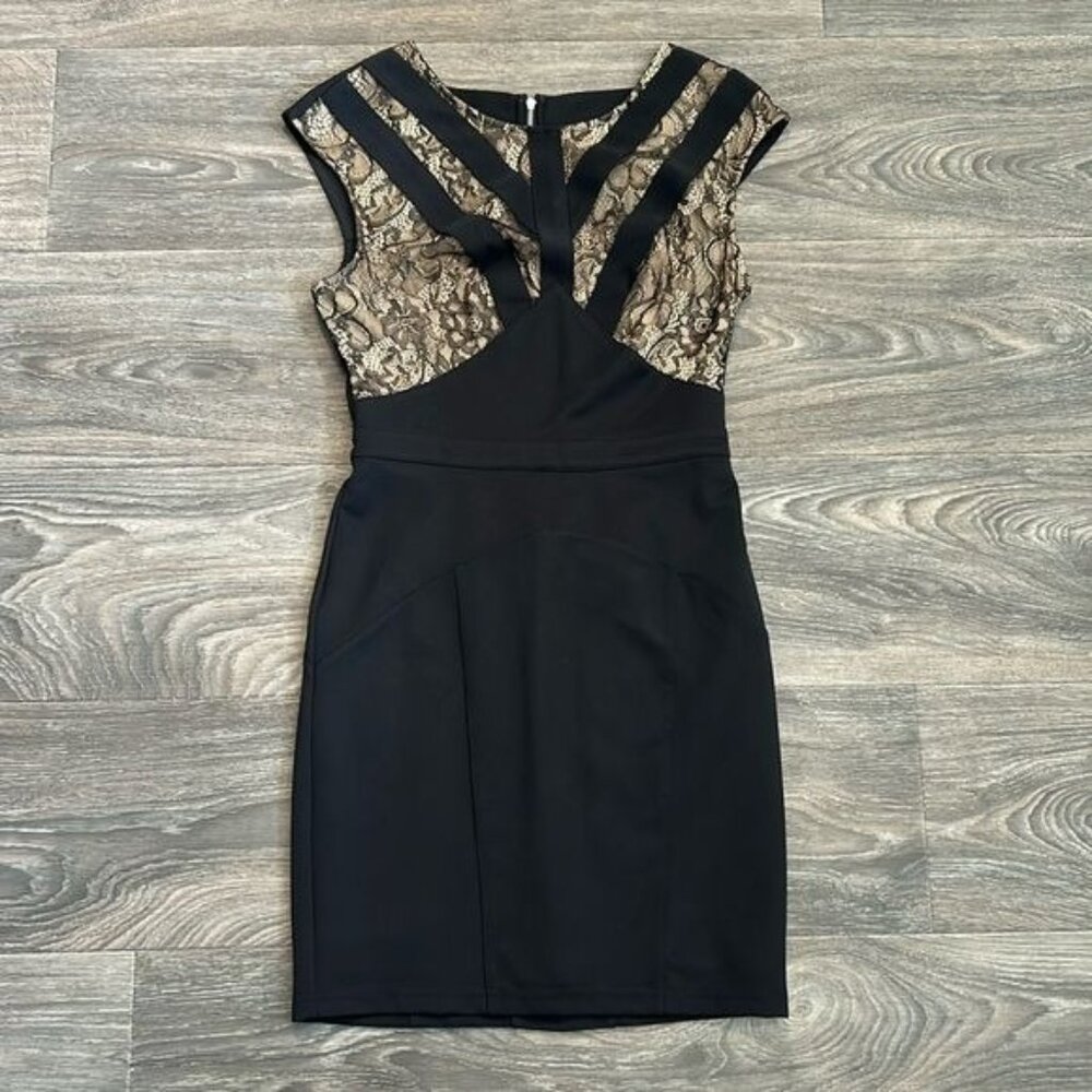 Bebe Bodycon Dress Size 4 Black Tan Lace Paneled Cutout Sheath Sleeveless Y2K